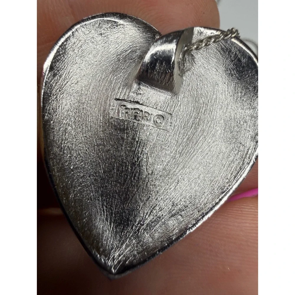Trifari Silver Tone Puffed Heart Pendant Necklace Large Bold Romantic Statement